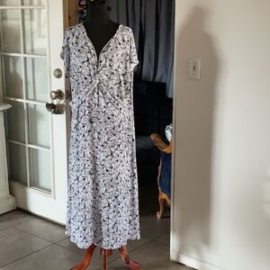 NINE & CO. BY NINE WEST FLORAL WHITE BLACK MIDI SLIP ON DRESS SZ XL